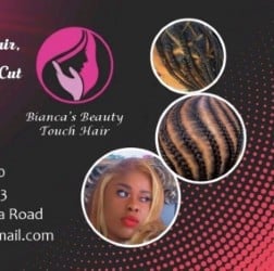 Hair salon advertisement for Biancas Beauty Touch Hair featuring logo, braided hairstyles, and portrait of a woman with styled hair