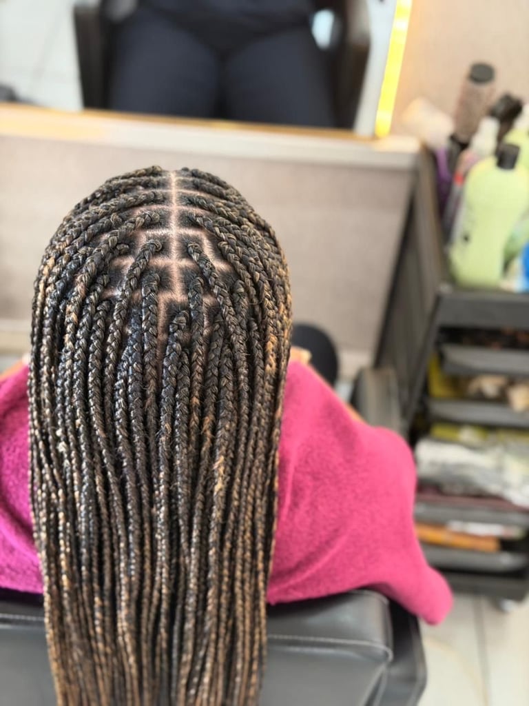 Back view of person with long braided hairstyle in pink shirt